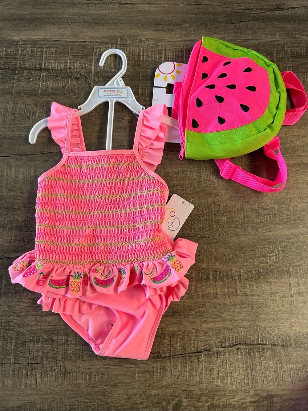 Flapdoodles Bright Pink Ruffle Smocked Two-Piece with Fruit Trim